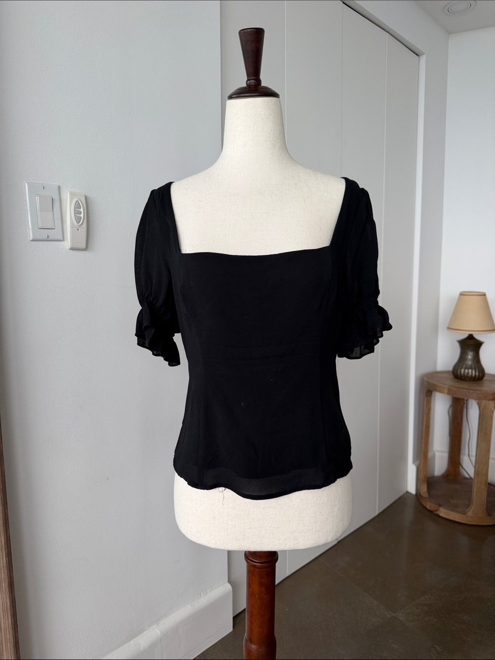 Reformation Black Square-Neck Puff Sleeve Blouse